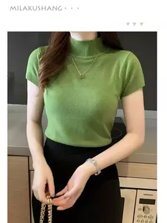 Camiseta feminina de malha meia gola alta, elegante monocromática, manga curta, pulôver casual versátil, tops magros, verão, nova na internet