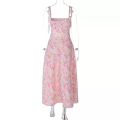 Vestido elegante com estampa floral vintage feminino, gola quadrada, sem mangas, fenda espartilho, vestidos de baile, roupas de verão, streetwear - comprar online