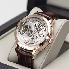 OBLVLO Luxo Retrô Casual Masculino Esqueleto Automático Relógios Mecânico Pulseira Pele de Bezerro Vidro Cristal Mineral Mostrador À Prova D' Água 45 VM - comprar online