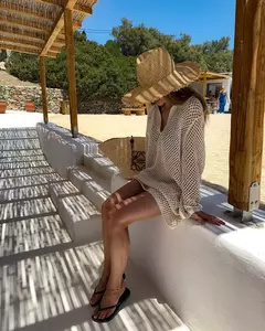 Mini vestido de malha praia de cor sólida feminino, sexy oco fora, maiô de manga comprida para cobrir, feriado Boho, moda praia solta, verão, K17 na internet