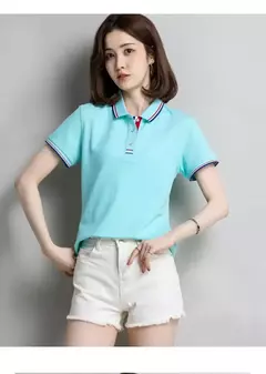 Camisa polo feminina de algodão solto, manga curta, blusa esportiva casual com lapela, camisa de negócios preto e branco, verão feminino