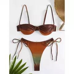 Fato de banho plissado com cordão feminino, biquínis arco, maiô sexy, banhista, conjunto de biquíni gradiente, moda verão, 2 peças - loja online