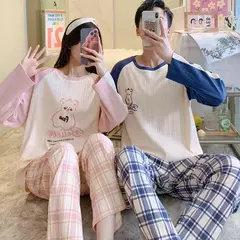 Conjunto pijama coreano de algodão masculino e feminino, pijama casual loungewear, roupa de casa outono
