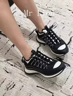 Tênis de moda casual para mulheres, fundo grosso, antiderrapante, tênis de corrida respirável, tecido elástico, listra de retalho, confortável, novo - loja online