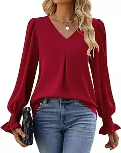 Nova camisa feminina de chiffon de cor sólida com decote em v pulôver queimado manga comprida camisa superior senhora do escritório elegante cáqui blusas soltas - comprar online
