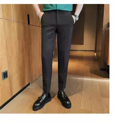 Imagem do Calça de cintura elástica cor sólida para homens, calça casual slim fit, vestido de festa social, roupas de negócios de alta qualidade
