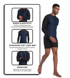 Manga comprida masculina Rash Guard Swimwear, camiseta de Surf seca rápida, camisa apertada de mergulho, roupas de ginástica, proteção UV50 +, azul, nadar, 2023