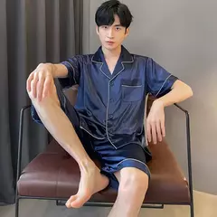 Imagem do Conjunto de pijama de seda fino masculino, manga comprida e calça curta, pijama, calça para dormir