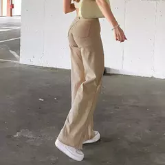Jeans feminino de cintura alta e larga lavado com bolsos, calça casual e elegante, perna reta, monocromática, outono - Wolf Magazine