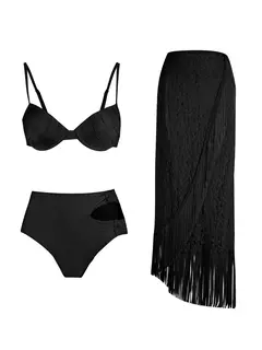 Conjunto de biquíni de três peças, sutiã acolchoado, borla, saia de praia de cintura alta, maiô de verão, moda sexy, monocromático - comprar online