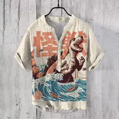 Camiseta casual de manga curta estampada masculina, camisa Henry estilo japonês - Wolf Magazine