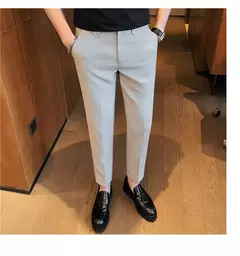 Calça de cintura elástica cor sólida para homens, calça casual slim fit, vestido de festa social, roupas de negócios de alta qualidade - comprar online