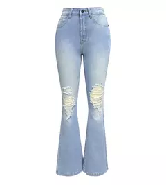 Calça jeans flare feminina, jeans de streetwear, ajuste solto, cintura alta, bolsos, buracos, comprimento do tornozelo, monocromático, mosca com zíper, primavera, 2021 - loja online