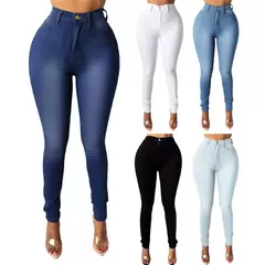 Imagem do Calça Jeans lavada de cintura alta feminina com zíper, bolsos de botão Fly, lápis jeans monocromático, streetwear
