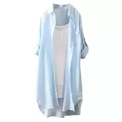 Camisa solta de comprimento médio feminina, tops de manga comprida, blusa casual, casaco feminino, moda verão