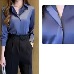 Blusa feminina de cetim de seda manga longa, camisa feminina, tops básicos, roupas femininas OL, moda feminina, 2023