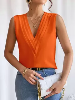 Moda feminina verão novo multi-nível com decote em v cor sólida regata camisa elegante feminino branco sem mangas blusa casual