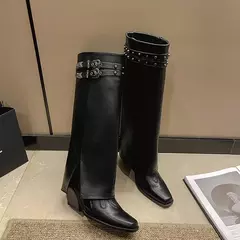 Botas de cano longo para mulheres, salto alto quadrado, tendência de cowboy na - loja online