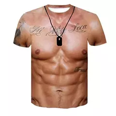 Camiseta masculina estampada em 3D, manga curta, roupa de rua, respirável, top grande com o pescoço, padrão muscular divertido, verão, nova - loja online