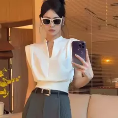 MEXZT-Blusas elegantes sem mangas com decote em v para mulheres, senhora do escritório, casual preto coreano, todos os jogos chiques, verão, branco, novo na internet