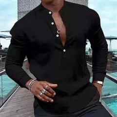 Cardigã meio monocromático de manga comprida masculino, blusa com gola Henley, camisa rosa casual, férias havaianas, verão, 2023 - comprar online