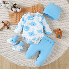 Bebê recém-nascido menino conjunto ursinho manga comprida macacão + calças compridas + chapéu + meias 4 pçs/set 0-9 meses bebê menino primavera e outono conjunto
