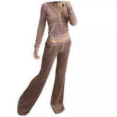 Imagem do Suéter de veludo veludo de 2 peças para mulheres, calças largas, agasalho slim fit, capuz casual com zíper, jaqueta vintage, moletom