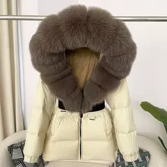 Oftbuy 2024 jaqueta de inverno feminina gola de pele de raposa natural real com capuz grosso quente 90% pato branco para baixo casaco feminino streetwear casual na internet