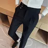 Calça formal de botão de cintura alta estilo britânico masculina, terno casual empresarial, calça de escritório, monocromática, alta qualidade, nova, primavera