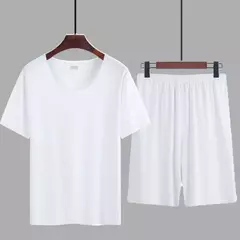 Verão pijamas masculinos terno fino gelo casa roupas traceless manga curta shorts em torno do pescoço casual roupas de verão - comprar online