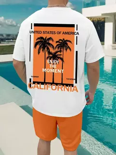Camiseta de praia havaiana masculina, conjunto de 2 peças, manga curta, estampa palmeira, decote em O, moda exterior, casual, verão na internet