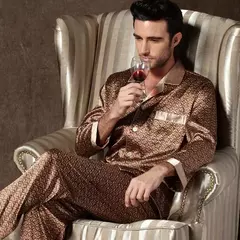 Conjuntos de pijama masculino de cetim de seda manga comprida, pijamas masculinos, camisola estampada, Casa, Soft Cozy Sleepwear Calças, Novo