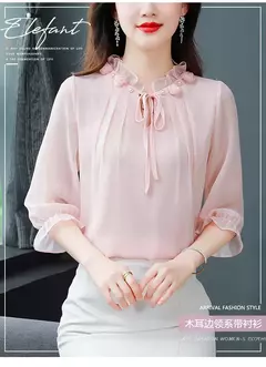 Chiffon blusa com gola pétala para as mulheres, blusa solta e casual, meia manga, gravata borboleta, nova moda, primavera verão, tamanho m a 4xl, 2024 - Wolf Magazine