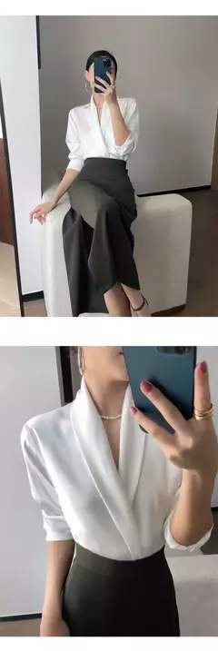 Blusa monocromática com decote em v feminina, manga comprida, tops irregulares, roupas de simplicidade e simplicidade, novo temperamento, outono - Wolf Magazine