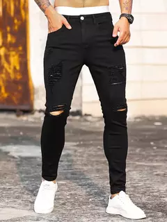 Moda masculina rua rasgado jeans preto puro estiramento apertado pequeno pé lápis calças namorado clube roupas denim ropa hombre - comprar online