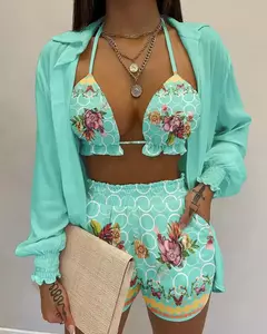 Fato de banho feminino de três peças, moda praia sexy, biquíni de cintura alta, maiô estampado, shorts para cobrir, moda praia de verão, novo 2024 - comprar online