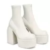Botas modernas com saltos de plataforma para mulheres, Bota de couro redondo, Saltos volumosos com zíper, Sapatos de salto de bloco para meninas, Sapato casual