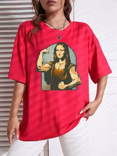 Camiseta de algodão de manga curta feminina, estampa fitness, extragrande, casual, solta, jogando jogadores na Mona Lisa - loja online