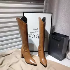 Botas longas de couro pu moda feminina v-port bico fino joelho botas altas senhoras sexy sapatos de salto alto grosso botas - loja online