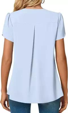 Blusa sexy com plissado e v pescoço para as mulheres, camisa de manga curta, cor sólida, solto, roupas de trabalho, verão, sze-st23015 na internet
