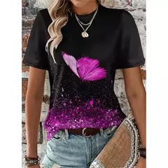 Imagem do Camiseta colorida com padrão de borboleta feminina, camisetas estampadas com flores 3D, camiseta solta na moda, manga curta, tops redondos com pescoço, vívido