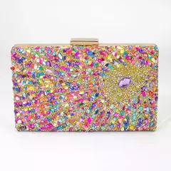 Bolsa acrílica com fecho interligado para menina, bolsa do casamento, pedra multicolorida, corrente de metal, crossbody, ombro, noite, difícil na internet
