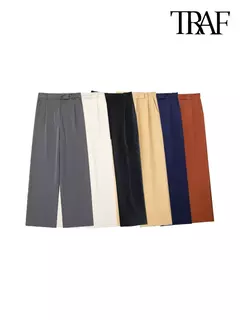 TRAF-Calça de perna larga feminina com bolsos frontais, vintage, cintura alta, mosca com zíper, calça feminina, moda