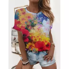Camiseta explosiva estampada em girassol 3D para mulheres, gola redonda, fosca, flor, moda, novo produto, 2024