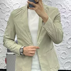 Casaco slim fit de manga comprida masculino, botão de lapela, casual de negócios, fino, simples, cor sólida, moda, primavera, verão, novo, 2024 - comprar online