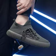 Sapatilhas de Meias Stretch Respiráveis Masculinas, Preto Sólido, Sapatos Casuais, Super Leve, Deslizamento, Tênis Masculino, Moda na internet