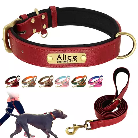 Coleira e coleira de couro pu para cães, conjunto macio e durável de couro liso, 5 pés de chumbo ajustável para cães pequenos e médios