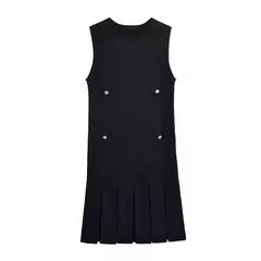 Imagem do Mini vestido de bolso feminino sem mangas com o pescoço, malha, elegante vestido de botão, fino Lady Fashion, verão, fêmea, 2024