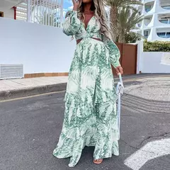 Primavera novo vestido longo moda impressão sexy profundo decote em v vestido de manga comprida feminino elegante oco para fora plissado emendado maxi vestido - Wolf Magazine
