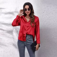 Imagem do Blusa feminina de cetim manga longa, camisa cetim, tops de seda, vestuário europeu e americano, novo